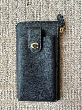 Coach Black Leather Zip Phone Wallet with Gold 'C' Accent